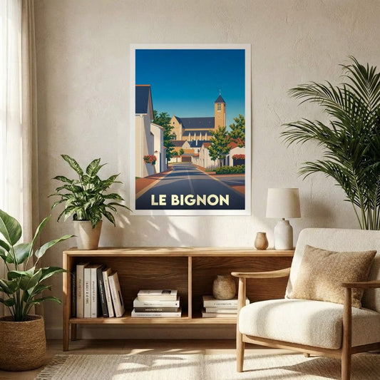 Affiche souvenir de la ville de Le Bignon avec une illustration stylisée.