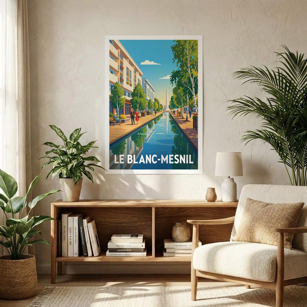 Affiche souvenir de la ville de Le Blanc-Mesnil avec une illustration stylisée d'un canal urbain.
