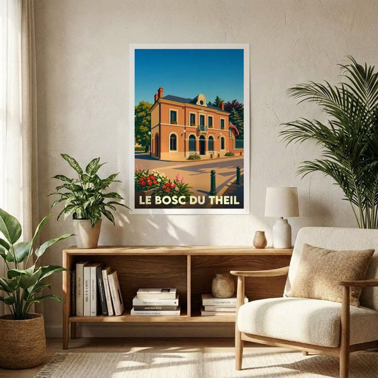 Affiche souvenir de la ville de Le Bosc du Theil illustrant un bâtiment élégant sous un ciel bleu clair.