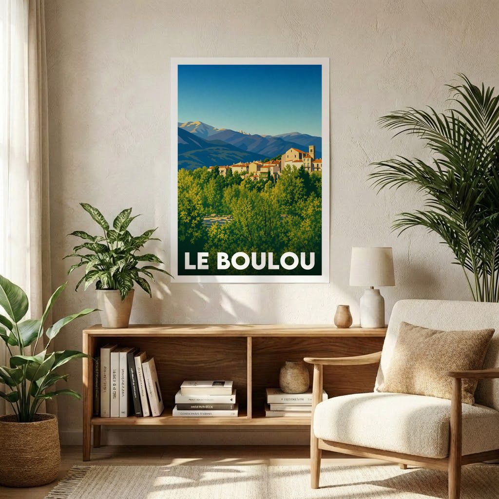Affiche souvenir de la ville de Le Boulou avec une illustration stylisée.