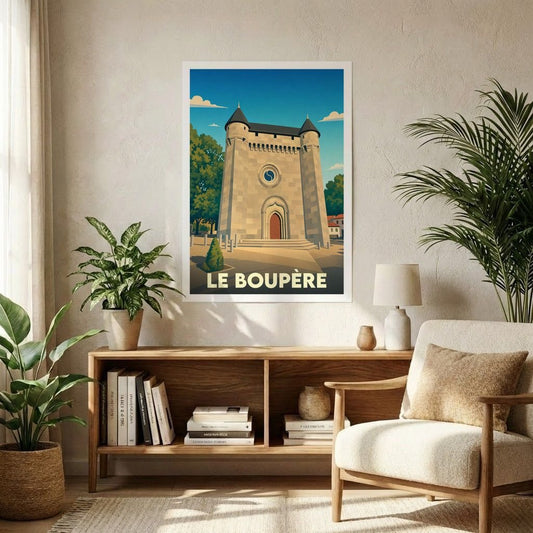 Affiche souvenir de la ville de Le Boupère avec une illustration stylisée de son église fortifiée.
