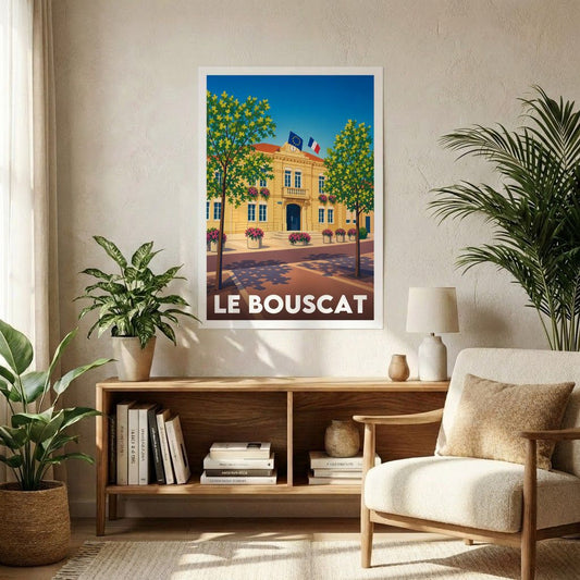 Affiche souvenir de la ville de Le Bouscat avec une illustration stylisée de sa mairie.