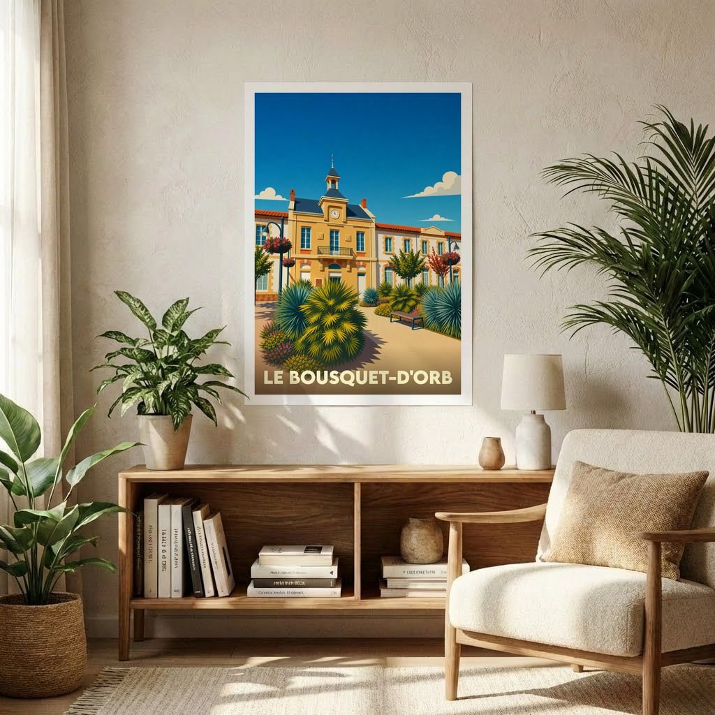 Affiche souvenir de la ville de Le Bousquet-d'Orb avec une illustration stylisée et colorée.