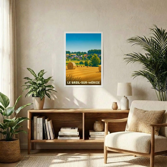 Affiche souvenir de la ville de Le Breil-sur-Mérize représentant un paysage de campagne avec des bottes de foin.