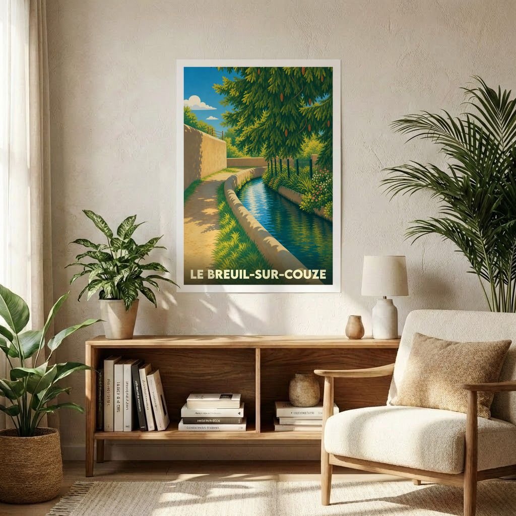 Affiche souvenir de la ville de Le Breuil-sur-Couze représentant un canal paisible bordé d'arbres dans un style illustré.
