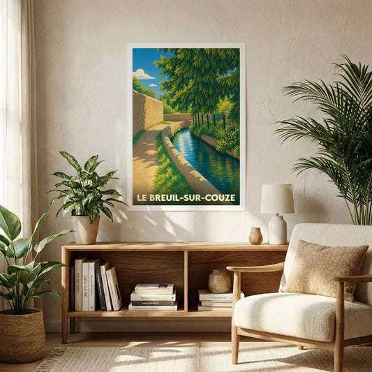 Affiche souvenir de la ville de Le Breuil-sur-Couze représentant un canal paisible bordé d'arbres dans un style illustré.