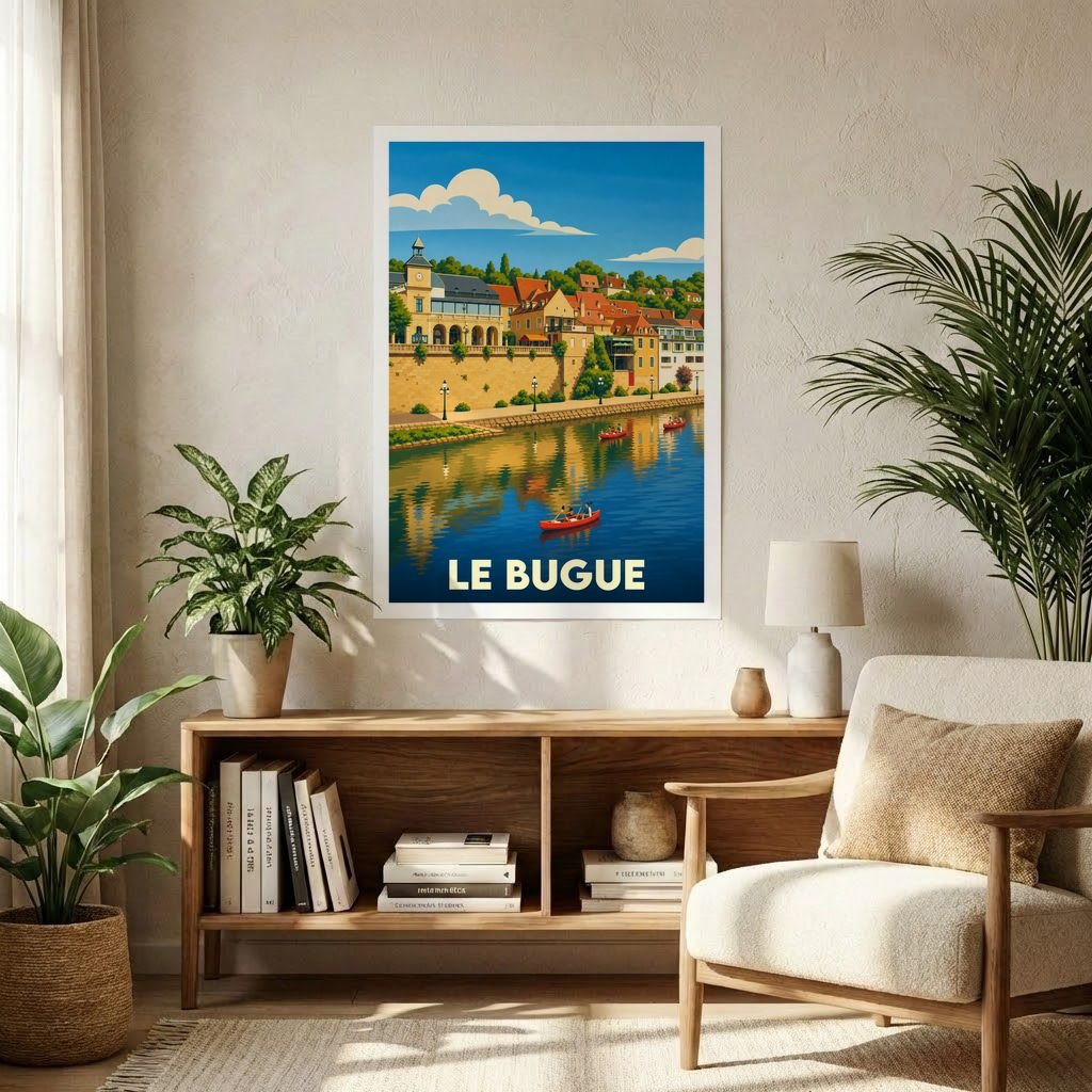 Affiche souvenir de la ville de Le Bugue avec une illustration stylisée d'un paysage fluvial.