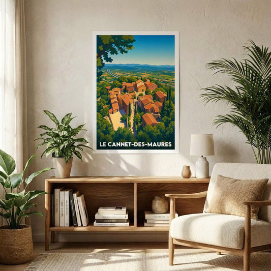 Affiche souvenir de la ville de Le Cannet-des-Maures avec une illustration stylisée.