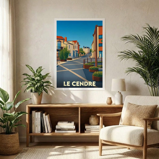 Affiche souvenir de la ville de Le Cendre avec une illustration stylisée et colorée de ses rues.