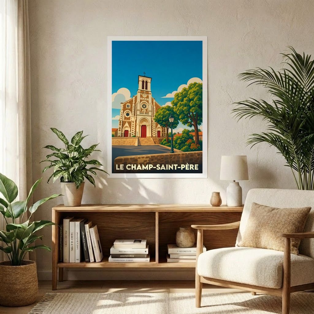 Affiche souvenir de la ville de Le Champ-Saint-Père avec une illustration stylisée de son église.