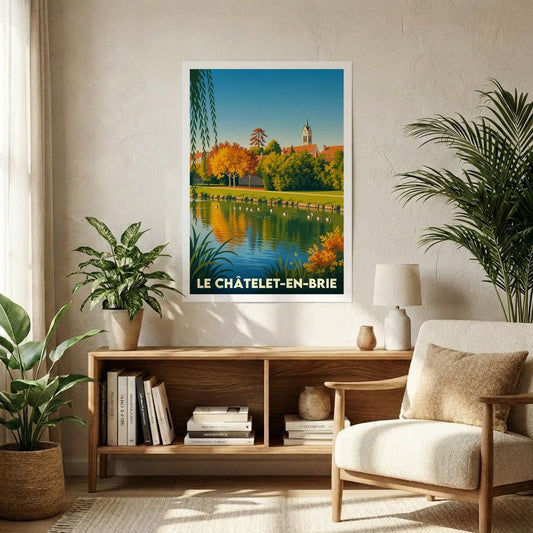 Affiche souvenir de la ville de Le Châtelet-en-Brie présentant une illustration stylisée d'un paysage automnal au bord de l'eau.