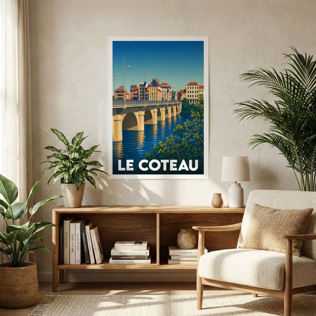 Affiche souvenir de la ville de Le Coteau illustrant son pont historique avec un style graphique rétro.