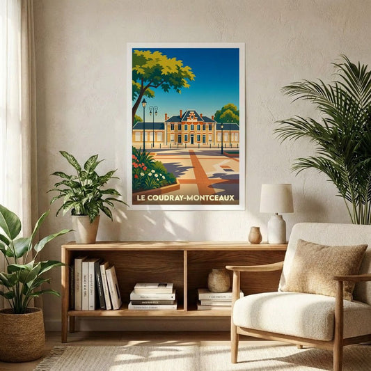 Affiche souvenir de la ville de Le Coudray-Montceaux avec une illustration stylisée d'un bâtiment historique et d'une place ensoleillée.