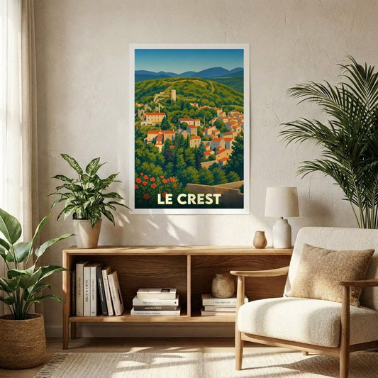 Affiche souvenir de la ville de Le Crest avec une illustration stylisée de son paysage vallonné.