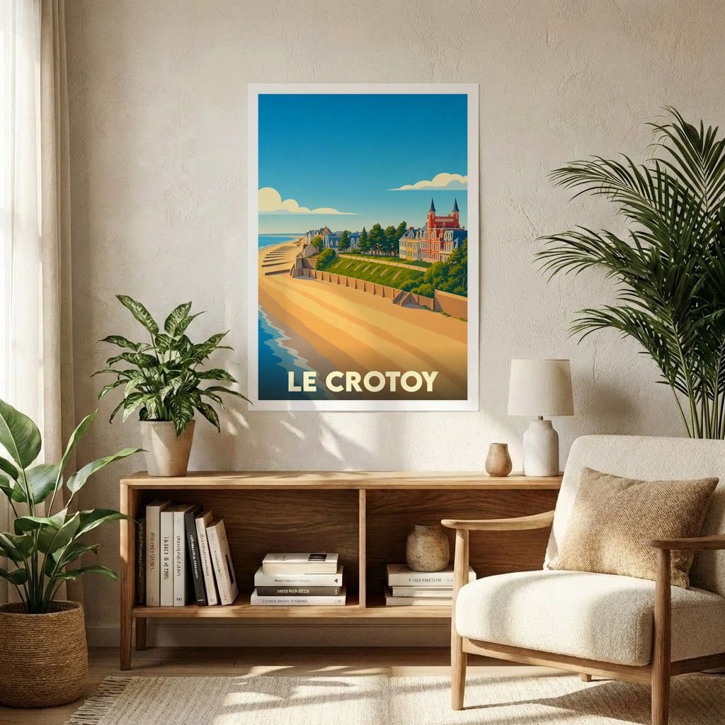 Affiche souvenir de la ville de Le Crotoy avec une illustration stylisée de sa plage et de son architecture.