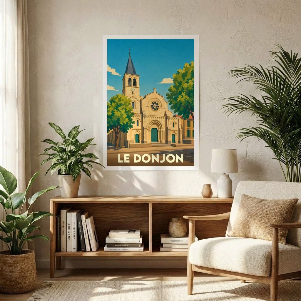 Affiche souvenir de la ville de Le Donjon représentant son église dans un style graphique rétro.