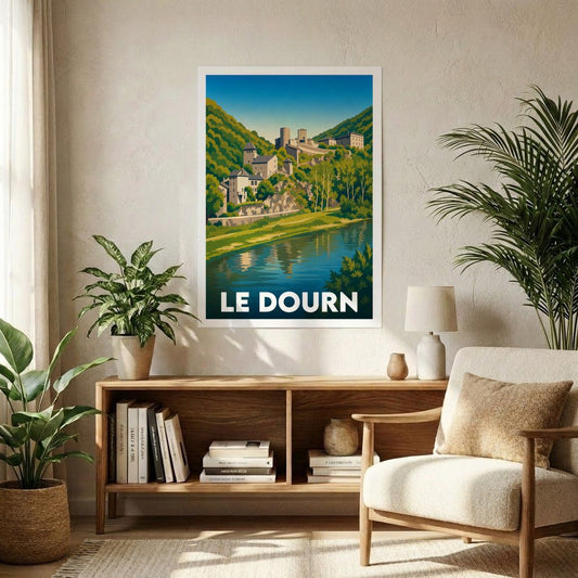 Affiche souvenir de la ville de Le Dourn avec une illustration stylisée d'un village historique en bordure de rivière.