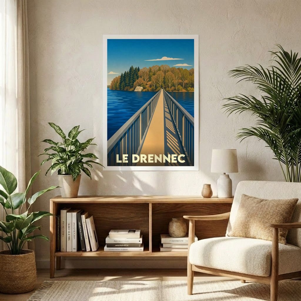 Affiche souvenir de la ville de Le Drennec illustrant un pont surplombant un lac boisé dans un style rétro.