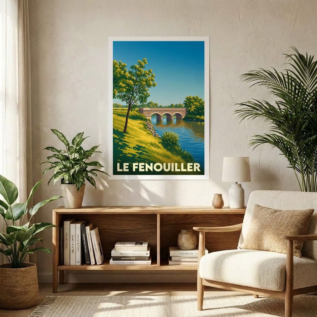 Affiche souvenir de la ville de Le Fenouiller avec une illustration stylisée d'un pont enjambant une rivière.