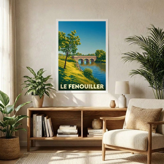 Affiche souvenir de la ville de Le Fenouiller avec une illustration stylisée d'un pont enjambant une rivière.