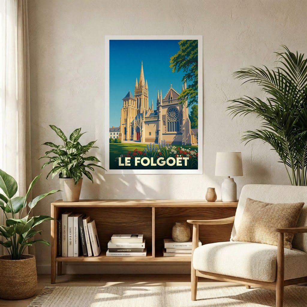 Affiche souvenir de la ville de Le Folgoët présentant une illustration stylisée de sa basilique.