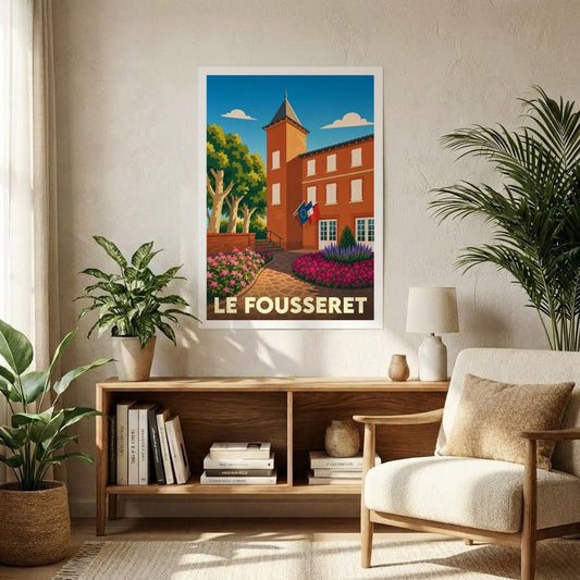 Affiche souvenir de la ville du Fousseret présentant une illustration stylisée de sa mairie.