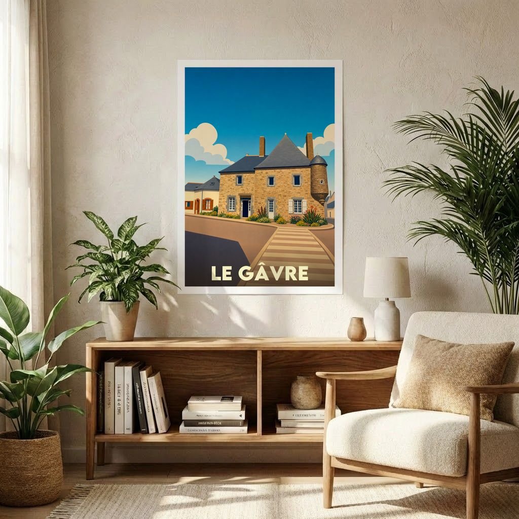 Affiche souvenir de la ville de Le Gâvre avec une illustration stylisée.