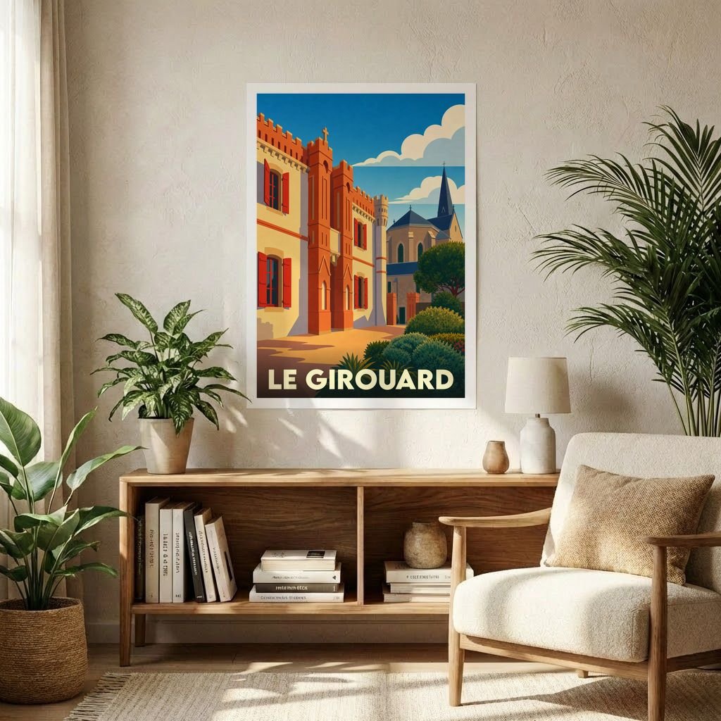 Affiche souvenir de la ville de Le Girouard avec une illustration stylisée d'un bâtiment historique.