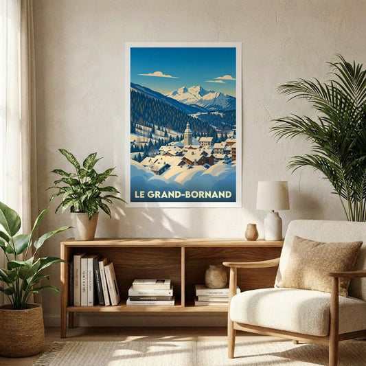 Affiche souvenir de la ville de Le Grand-Bornand représentant un paysage alpin enneigé dans un style illustré.