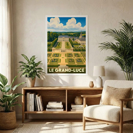 Affiche souvenir de la ville de Le Grand-Lucé avec une illustration stylisée de son château et de ses jardins à la française.
