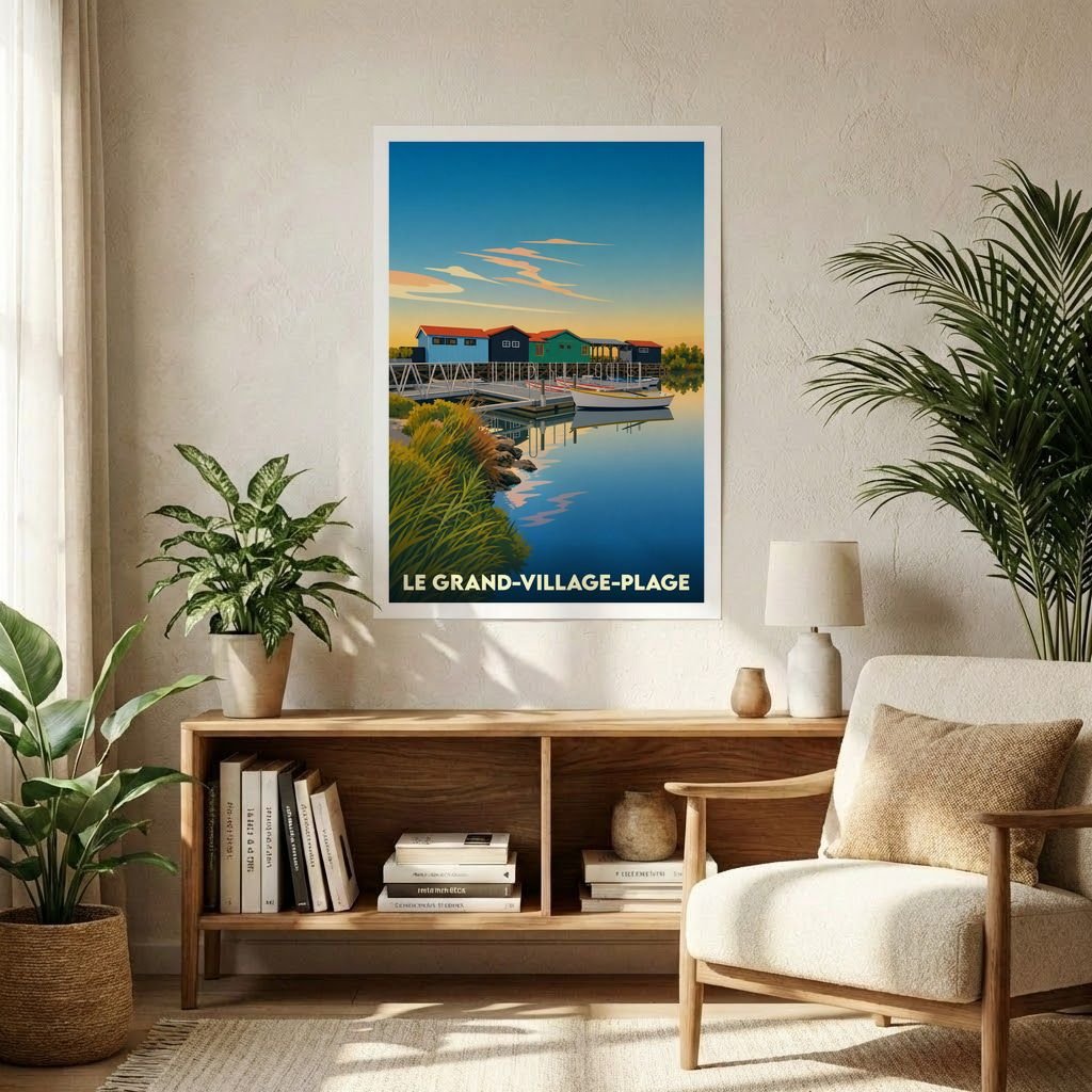 Affiche souvenir de la ville de Le Grand-Village-Plage avec une illustration stylisée de cabanes colorées sur l'eau.
