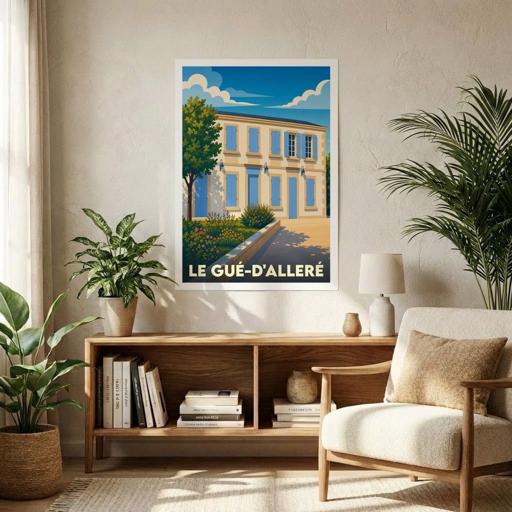 Affiche souvenir de la ville de Le Gué-d'Alleré avec une illustration stylisée d'un bâtiment typique aux volets bleus.