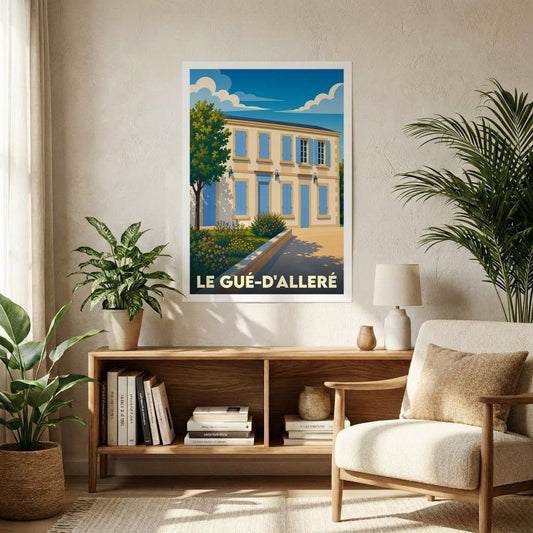 Affiche souvenir de la ville de Le Gué-d'Alleré avec une illustration stylisée d'un bâtiment typique aux volets bleus.
