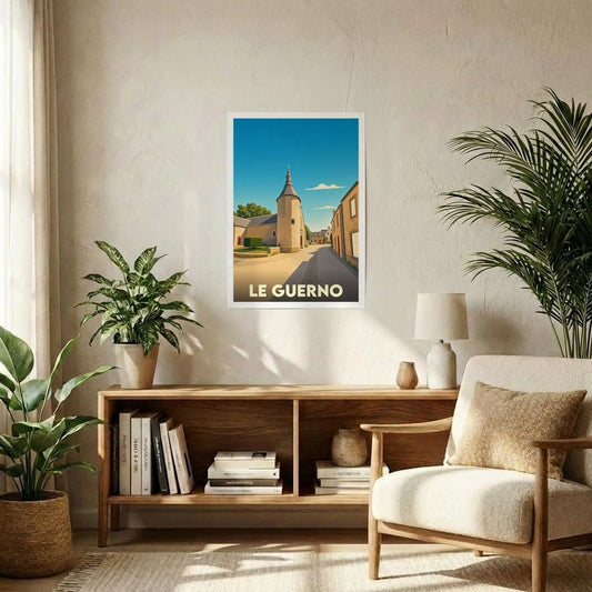 Affiche souvenir de la ville de Le Guerno avec une illustration stylisée.