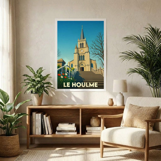 Affiche souvenir de la ville de Le Houlme avec une illustration stylisée de son église.