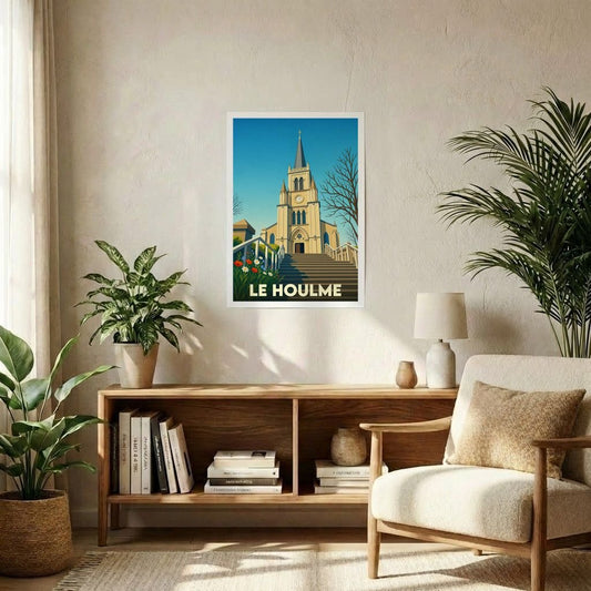 Affiche souvenir de la ville de Le Houlme avec une illustration stylisée de son église.