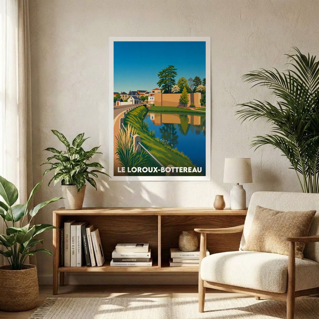 Affiche souvenir de la ville du Loroux-Bottereau avec une illustration stylisée et colorée de ses paysages.