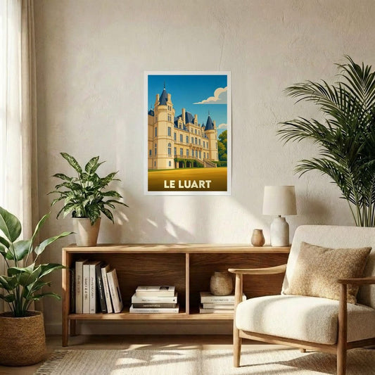 Affiche souvenir de la ville de Le Luart présentant une illustration stylisée de son château.