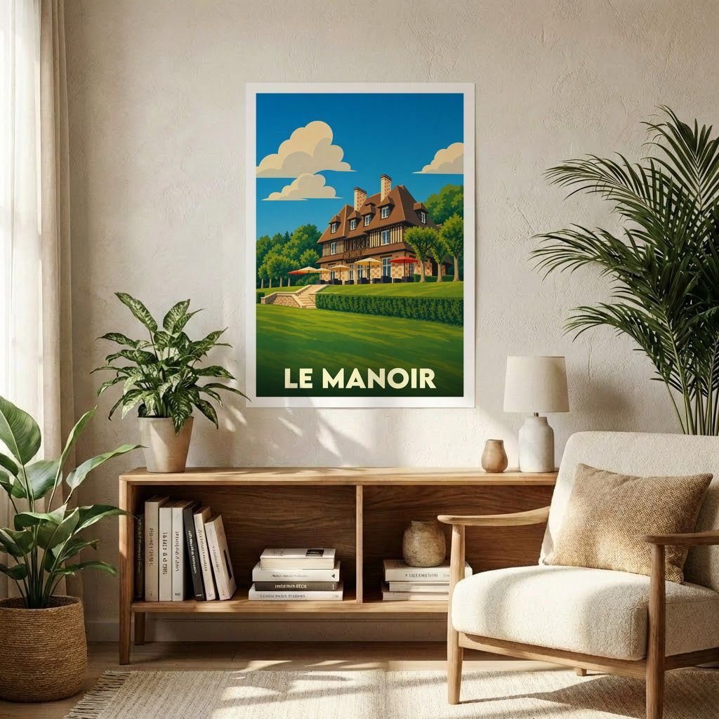 Affiche souvenir de la ville de Le Manoir avec une illustration stylisée.