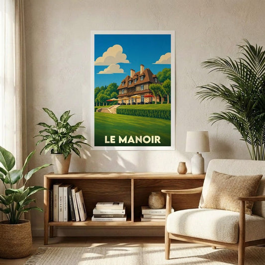 Affiche souvenir de la ville de Le Manoir avec une illustration stylisée.