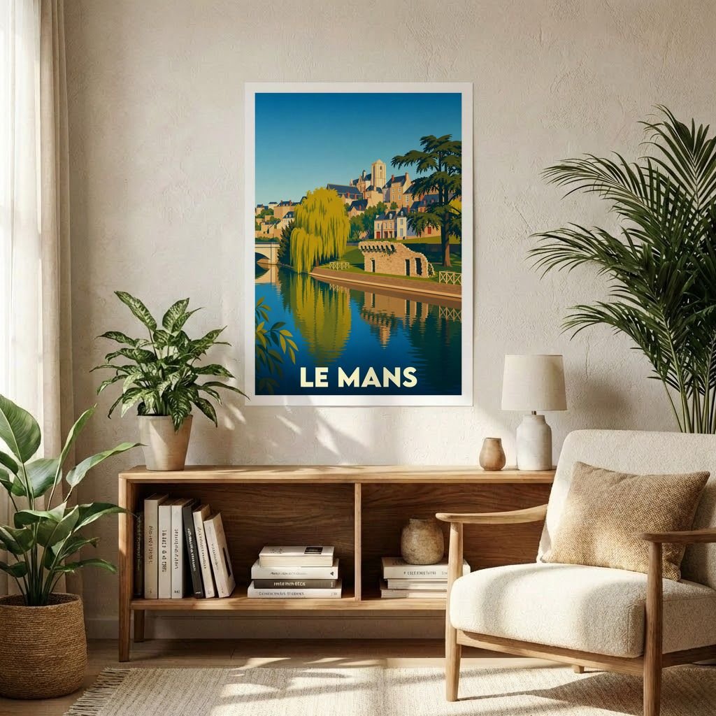 Affiche souvenir de la ville de Le Mans présentant une illustration stylisée et colorée de ses quais.