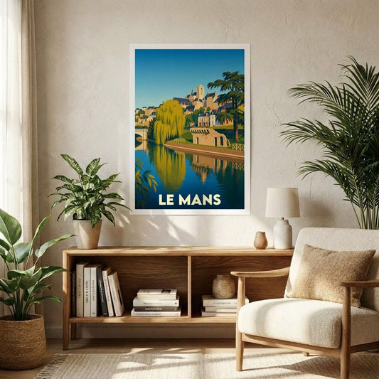Affiche souvenir de la ville de Le Mans présentant une illustration stylisée et colorée de ses quais.