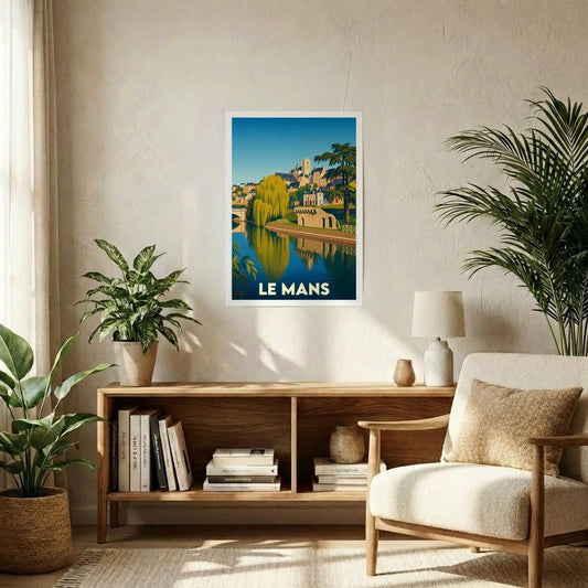 Affiche souvenir de la ville de Le Mans avec une illustration stylisée et colorée.