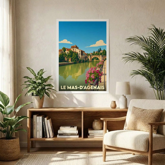 Affiche souvenir de la ville de Le Mas-d'Agenais avec une illustration stylisée d'un pont et de maisons au bord de l'eau.