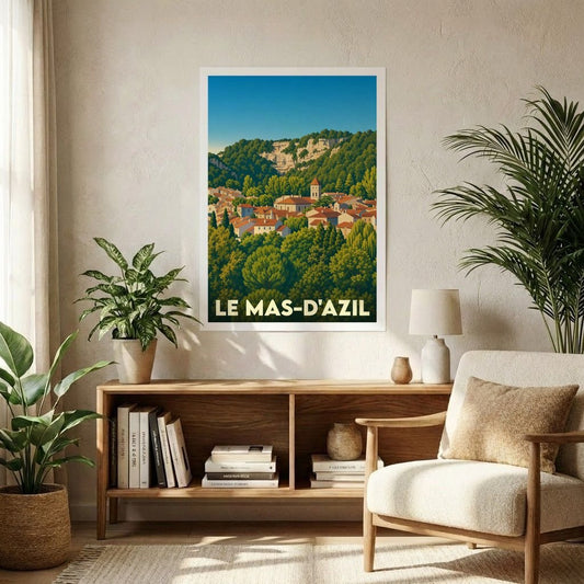 Affiche souvenir de la ville de Le Mas-d'Azil présentant une illustration stylisée du village niché dans une vallée verdoyante.