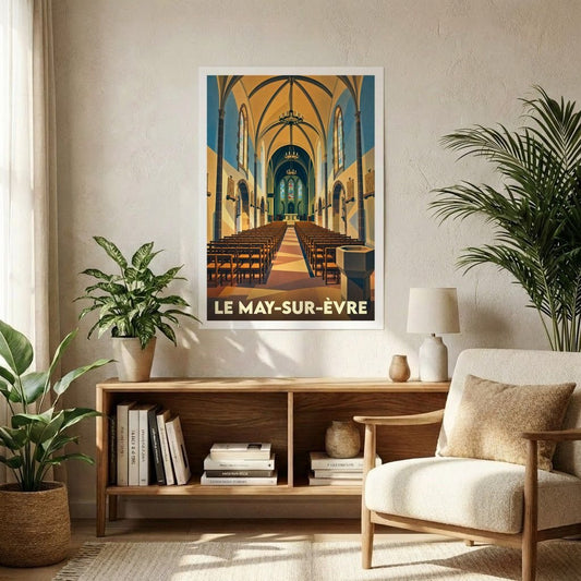 Affiche souvenir de la ville de Le May-sur-Èvre illustrant l'intérieur stylisé d'une église.