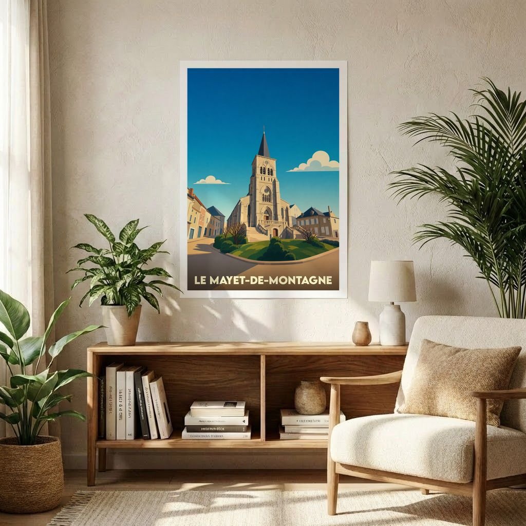 Affiche souvenir de la ville de Le Mayet-de-Montagne avec une illustration stylisée de son église et de ses environs.