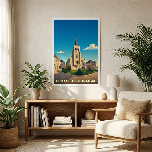 Affiche souvenir de la ville de Le Mayet-de-Montagne avec une illustration stylisée de son église et de ses environs.