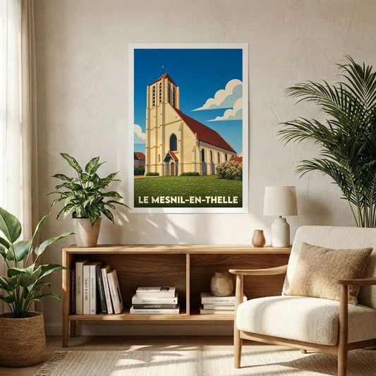Affiche souvenir de la ville de Le Mesnil-en-Thelle illustrant son église dans un style vintage épuré.
