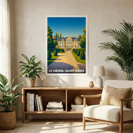 Affiche souvenir de la ville de Le Mesnil-Saint-Denis avec une illustration stylisée du château et de son parc.